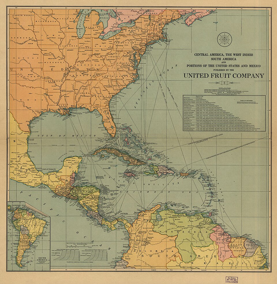 A colored 1909 United Fruit Company map showing its shipping routes, railroad lines, and telegraph networks across Central America, the Caribbean, and South America.