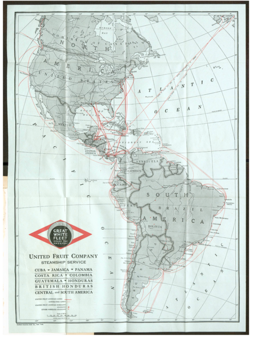 A United Fruit Company map showing its Great White Fleet steamship routes connecting ports across Central America, South America, and the Caribbean to the United States.