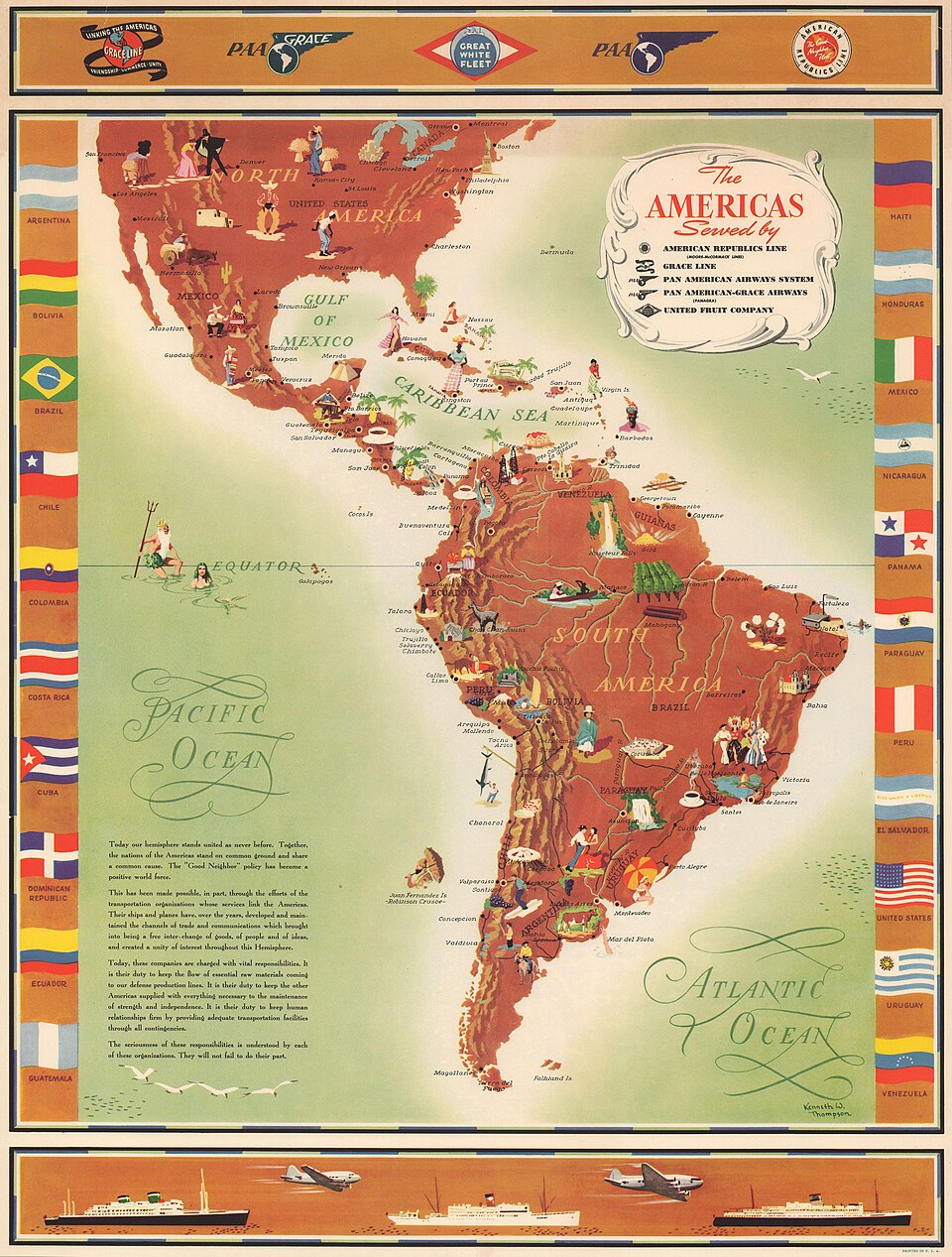 Colorful 1948 illustrated promotional map of the Americas featuring national flags, local imagery, and transportation routes served by the United Fruit Company and partner airlines.