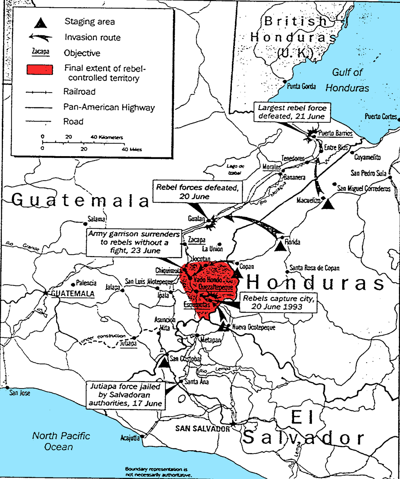 Map showing invasion routes, staging areas, and rebel-controlled territory during the 1954 CIA-backed coup in Guatemala.