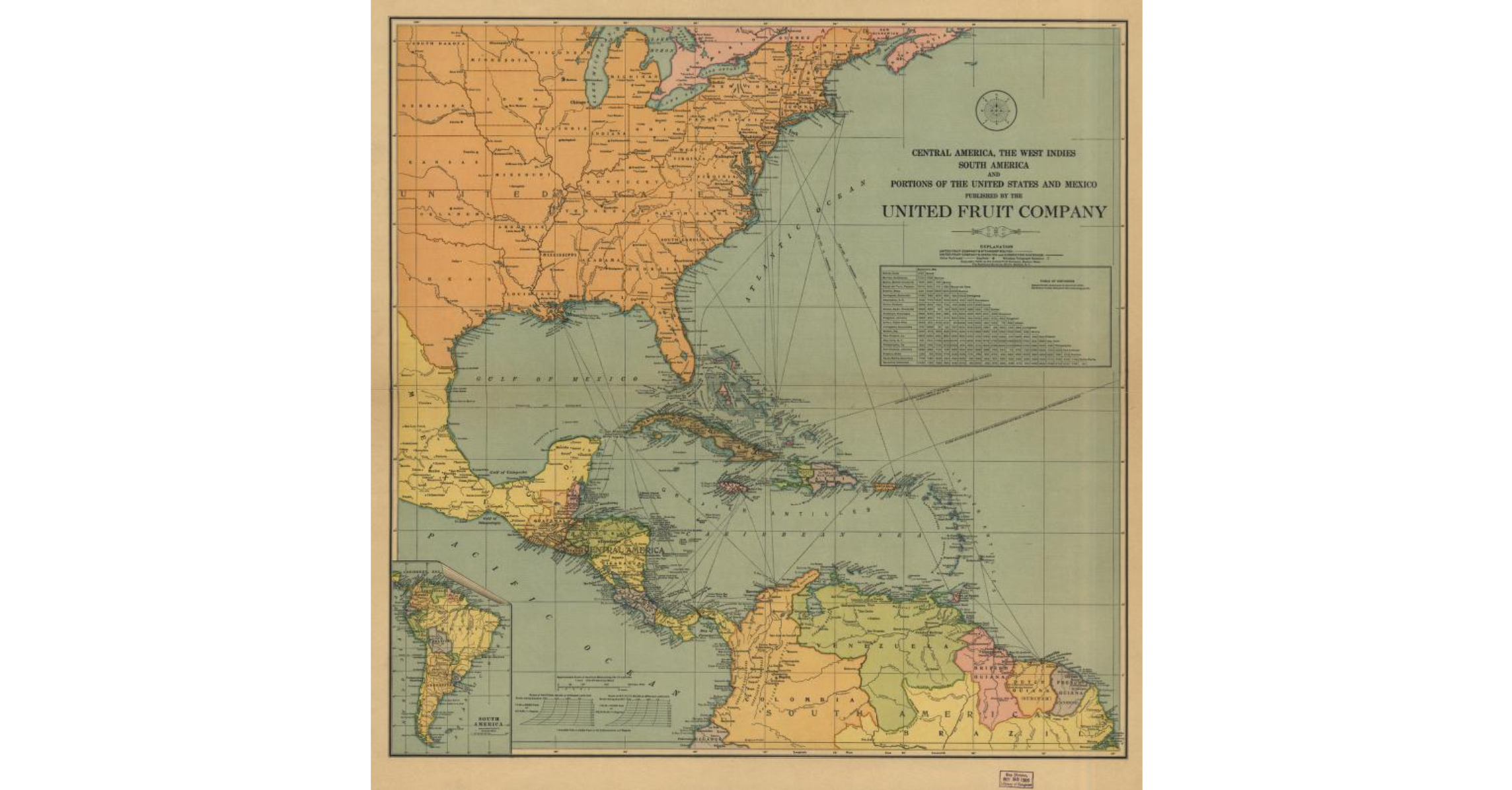 Colorful United Fruit Company map showing Central America, the West Indies, South America, and portions of the United States and Mexico, with shipping routes crossing the Atlantic and Caribbean.
